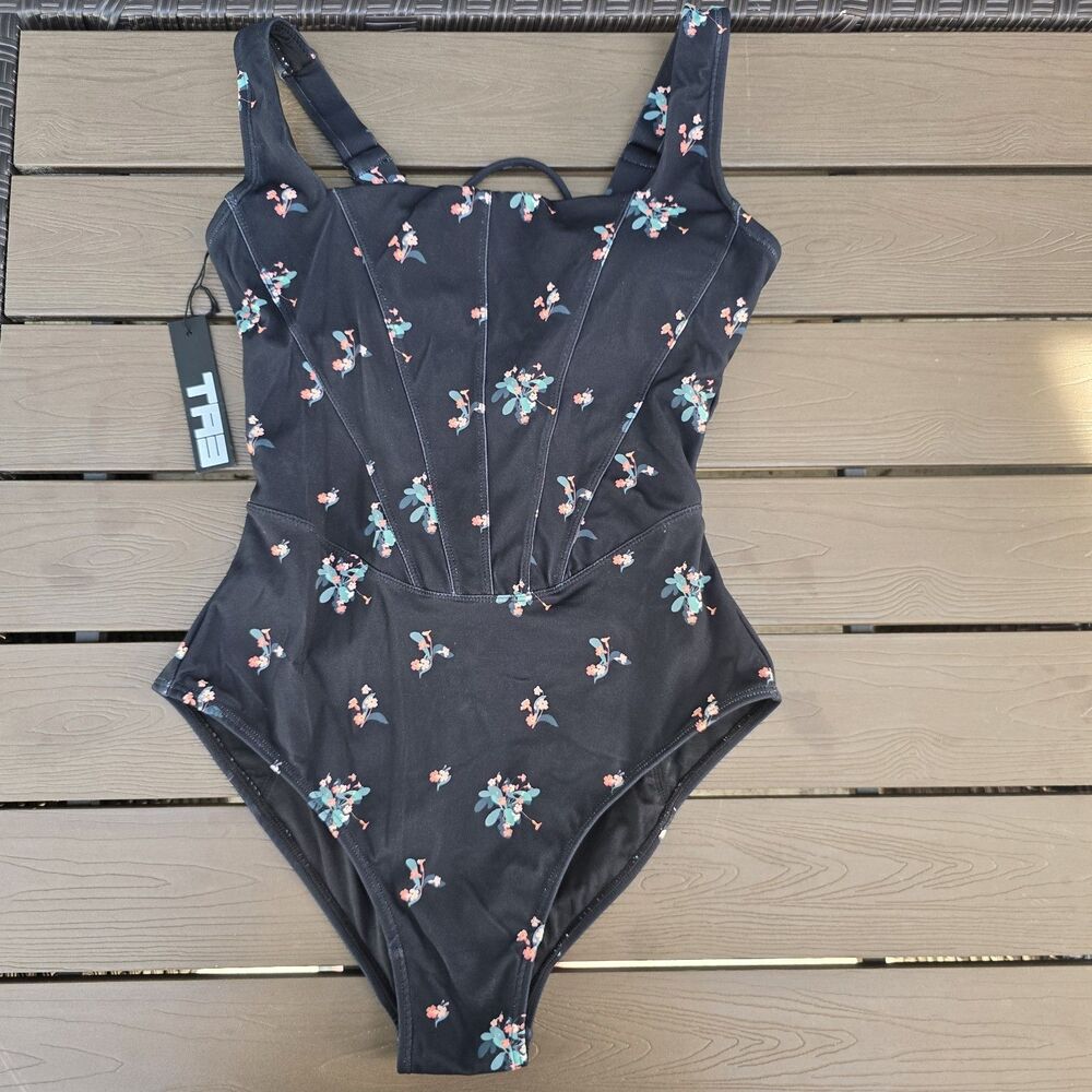 TA3 Seamed Squarey Primrose Floral 1 Piece Swim Women Corset Sz S Reg Torso New - Picture 2 of 6